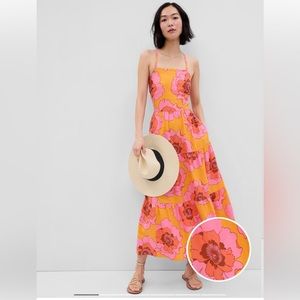 Gap Linen-Blend Tie-Back Tiered Maxi Dress Medium NWT